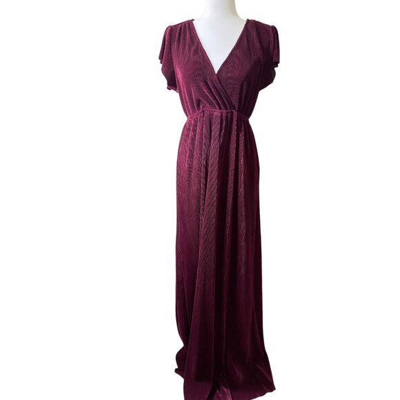 Baltic Born Athena Pleated Maxi Dress Womens Size Medium Mulberry Red Faux Wrap. - Picture 3 of 7